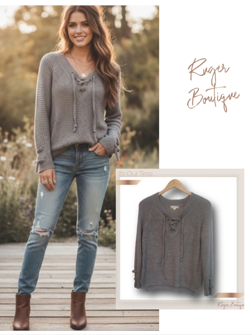 🌿It’s Our Time Gray Chunky Knit Sweater Medium Tie Front Lace Up V-Neck Boho